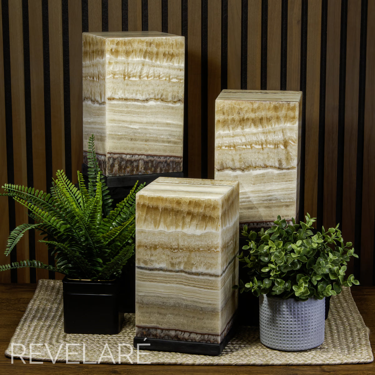 Desert pattern live edge calcite lamps as seen when not lit. Single size available