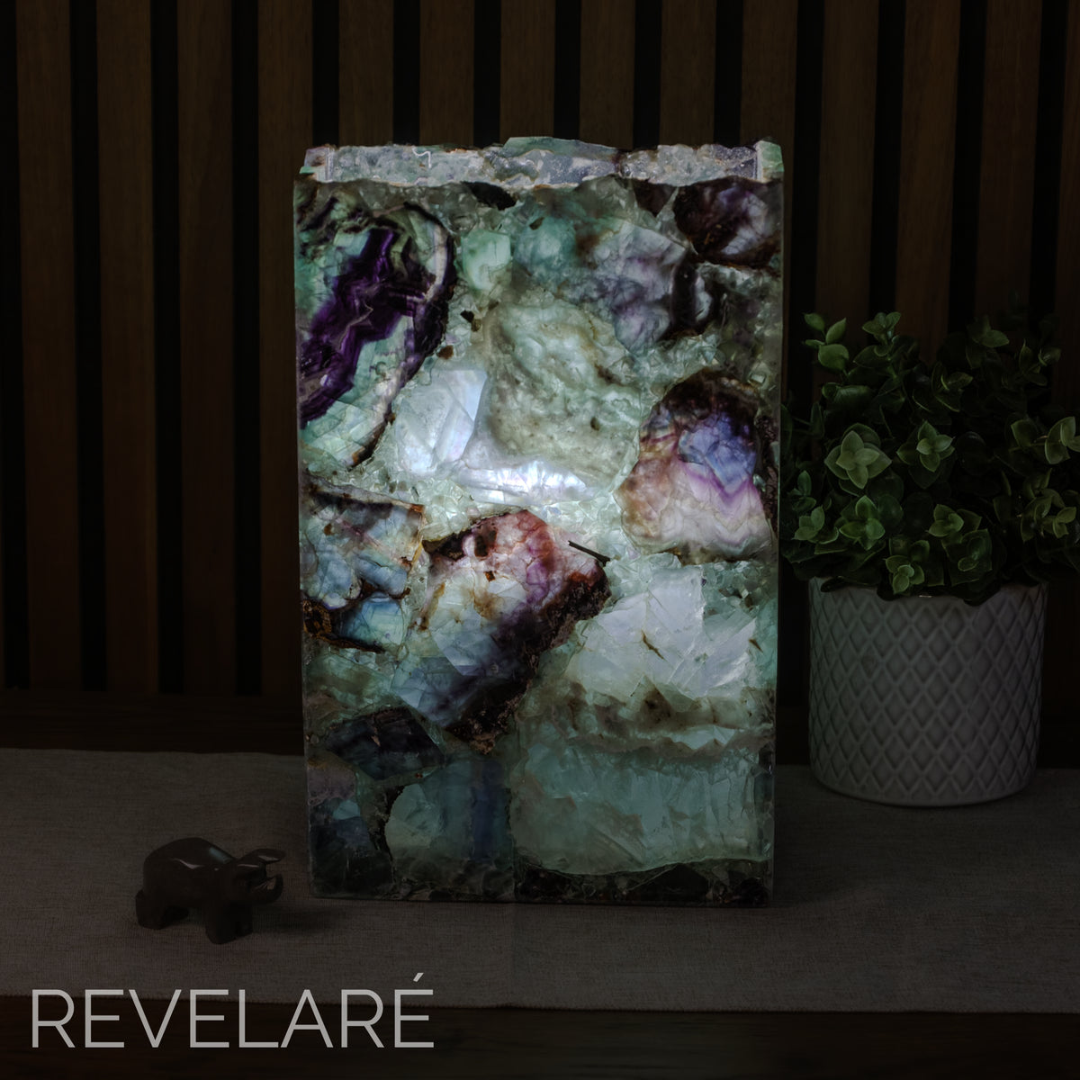 Fluorite rectangular lamp when lit. Front view. 30cm x 20cm x 10cm lamp #2