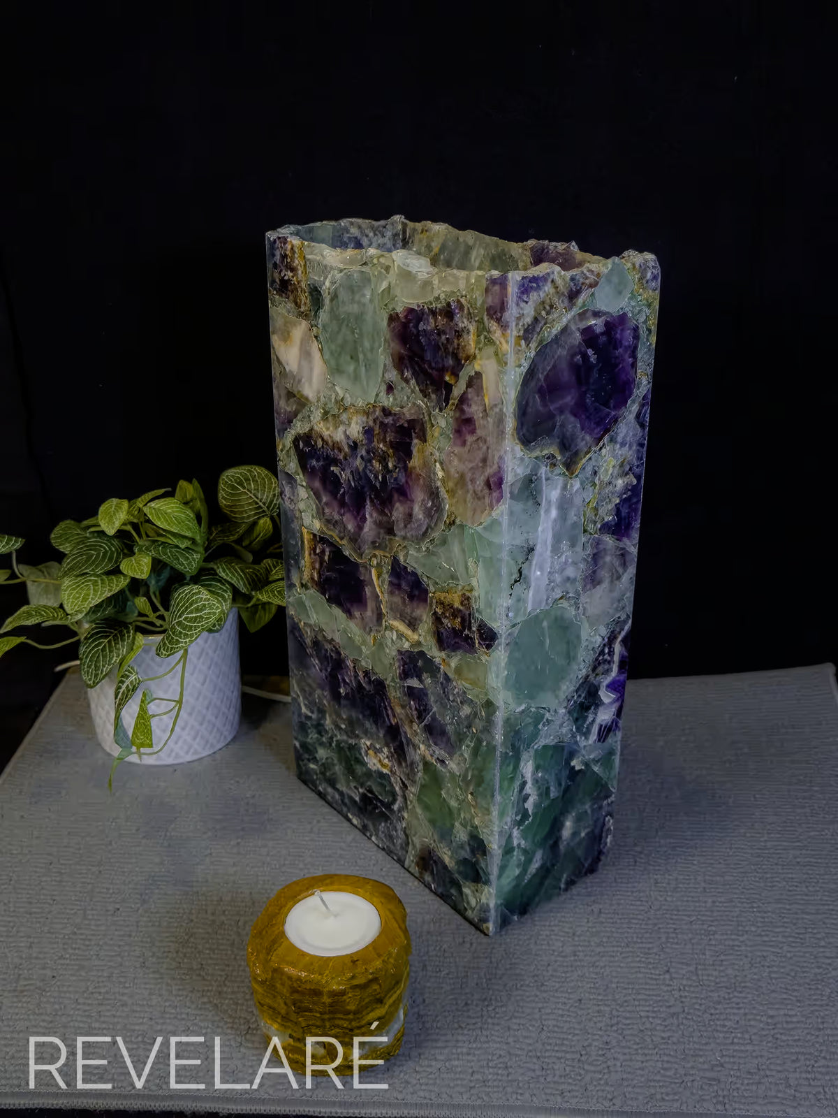 Rainbow Fluorite Live Edge Rectangular Table Lamp
