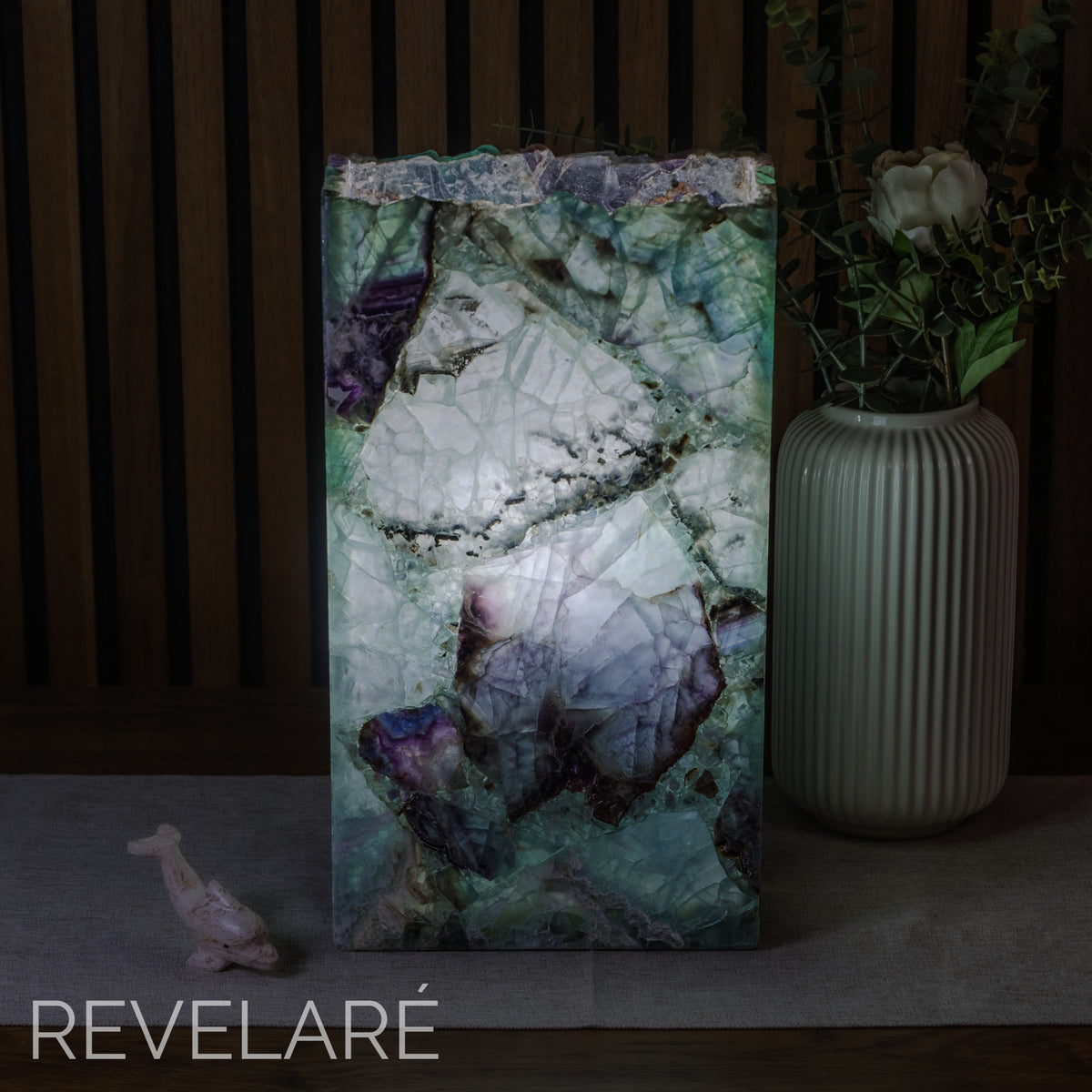 Fluorite rectangular lamp when lit. Front view. 35cm x 20cm x 10cm lamp #2