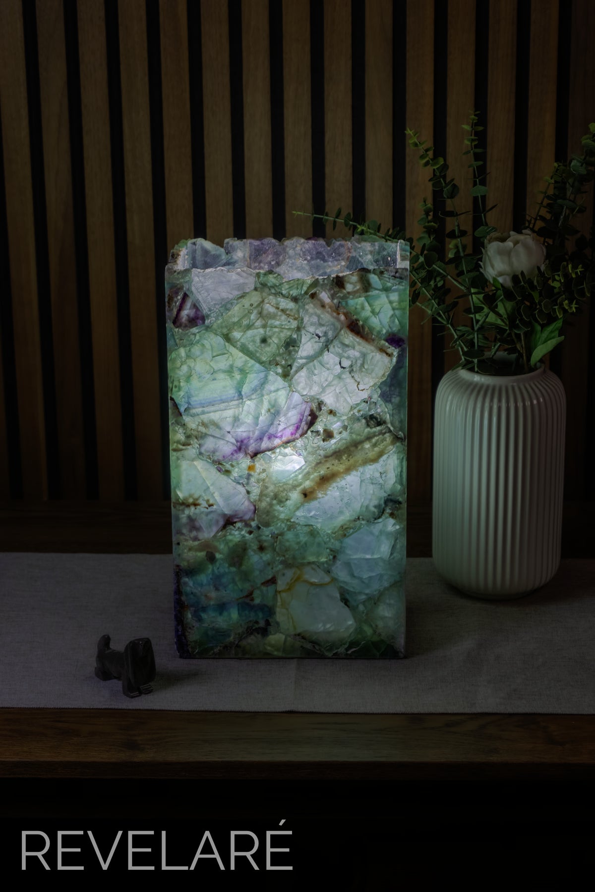 Fluorite rectangular lamp when lit. Front view. 35cm x 20cm x 10cm lamp #3