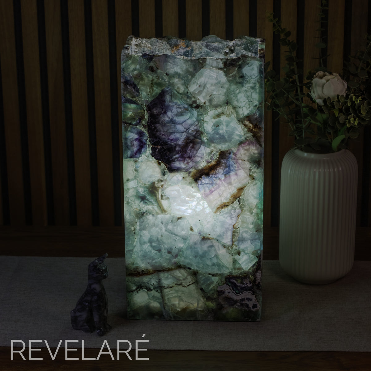 Fluorite rectangular lamp when lit. Front view. 40cm x 20cm x 10cm lamp #3