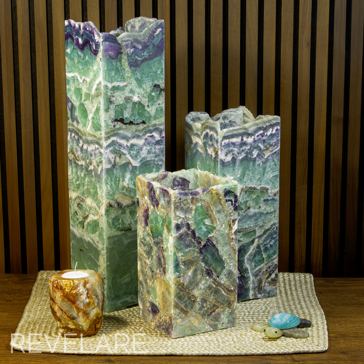 Fluorite square live edge lamps as seen when not lit. Comparison of available sizes.