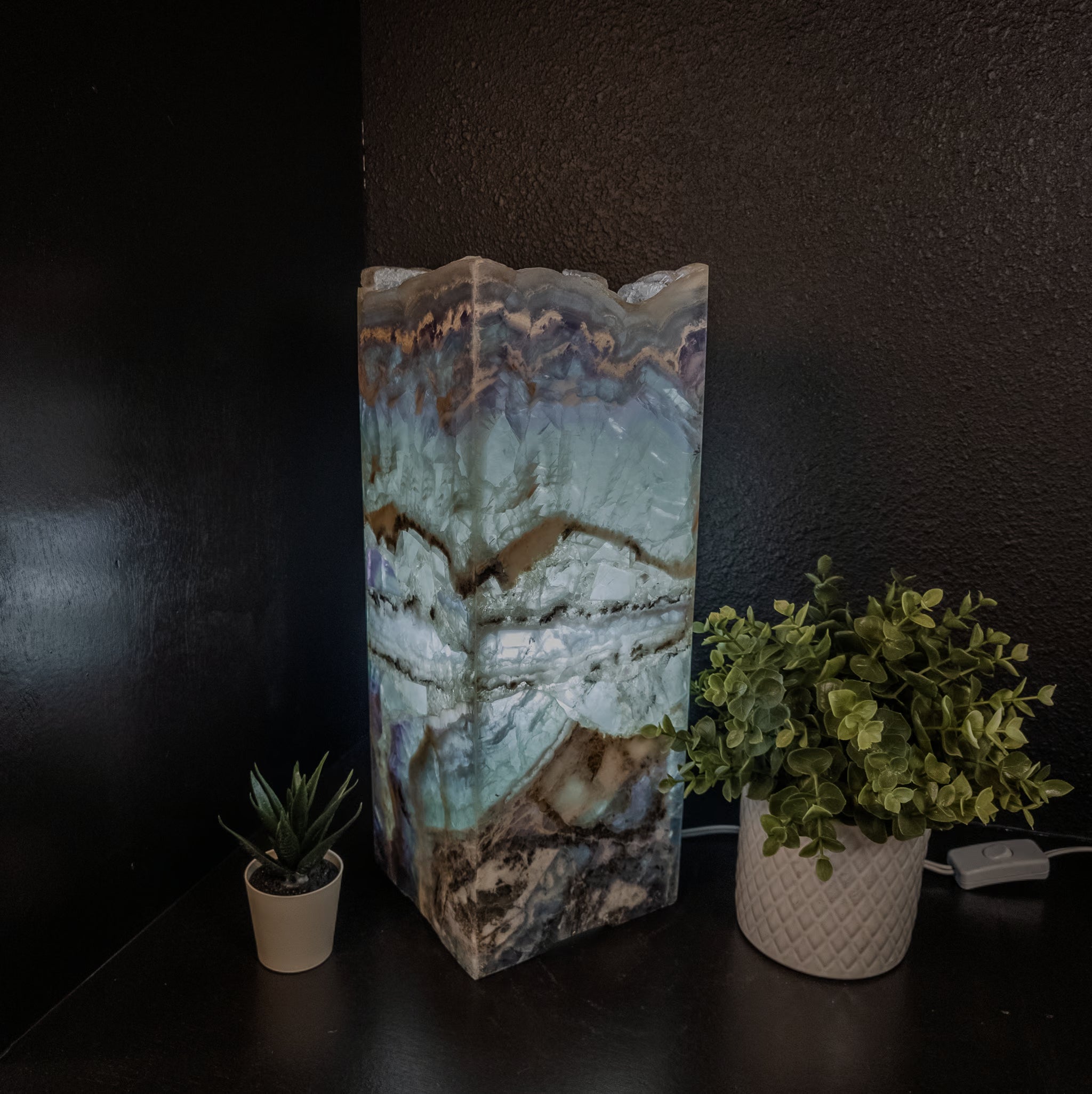Rainbow Fluorite Live Edge Square Table Lamp