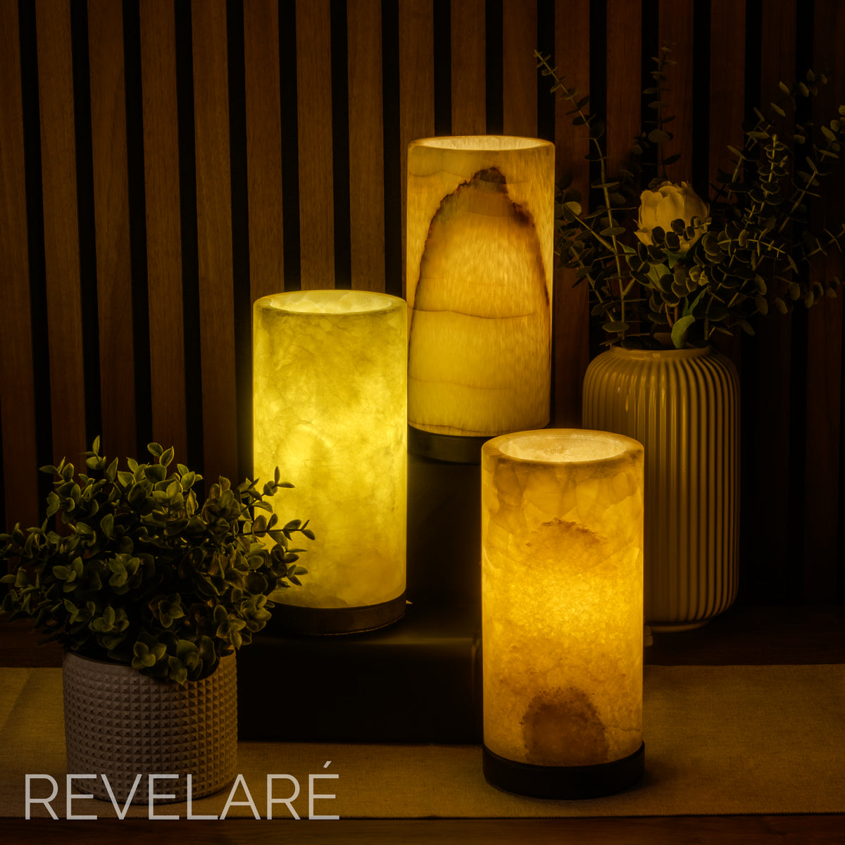 Glacier pattern cylindrical lamps as seen when lit. Single size available.