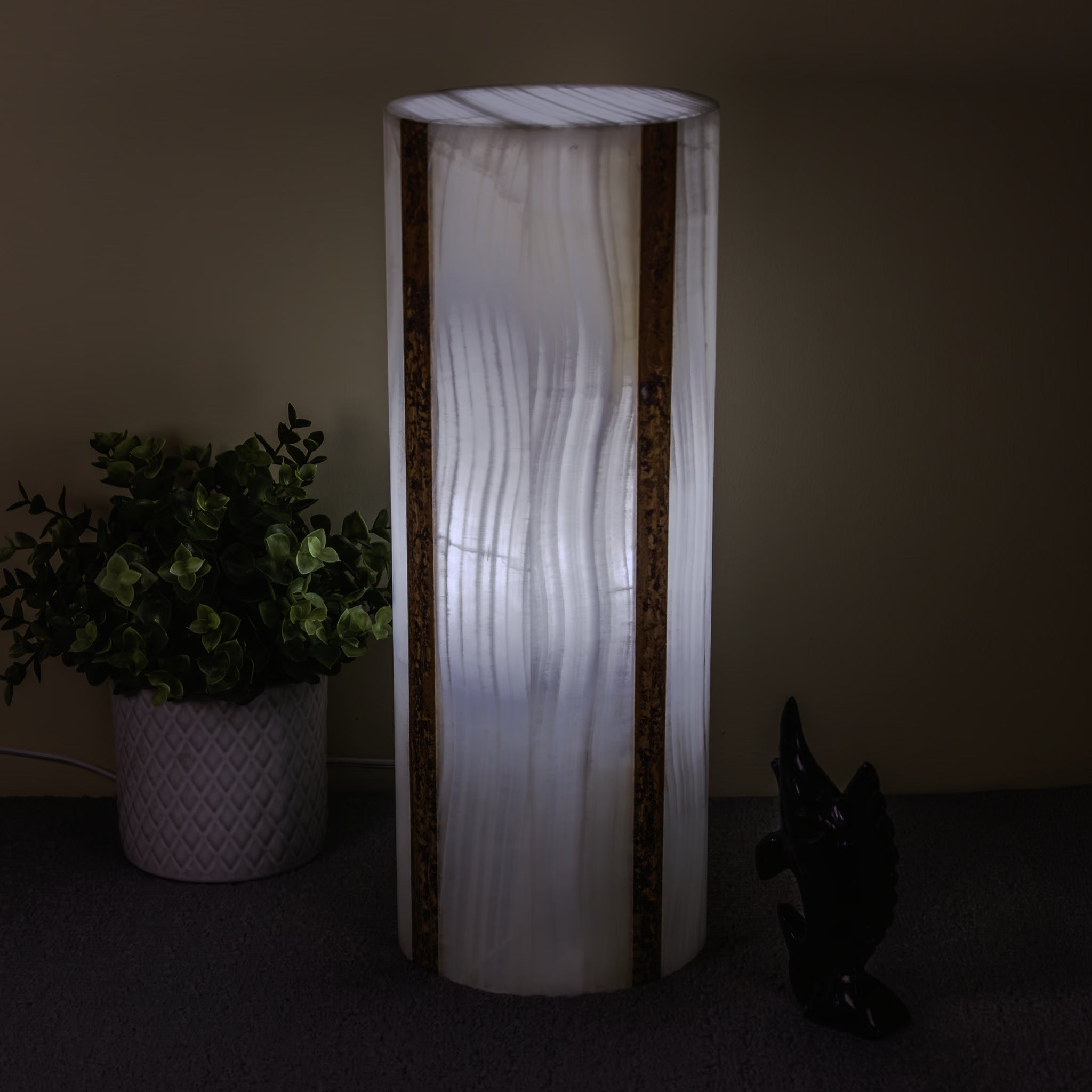 Glacier & Travertine Onyx Cylindrical Pedestal Table Lamp