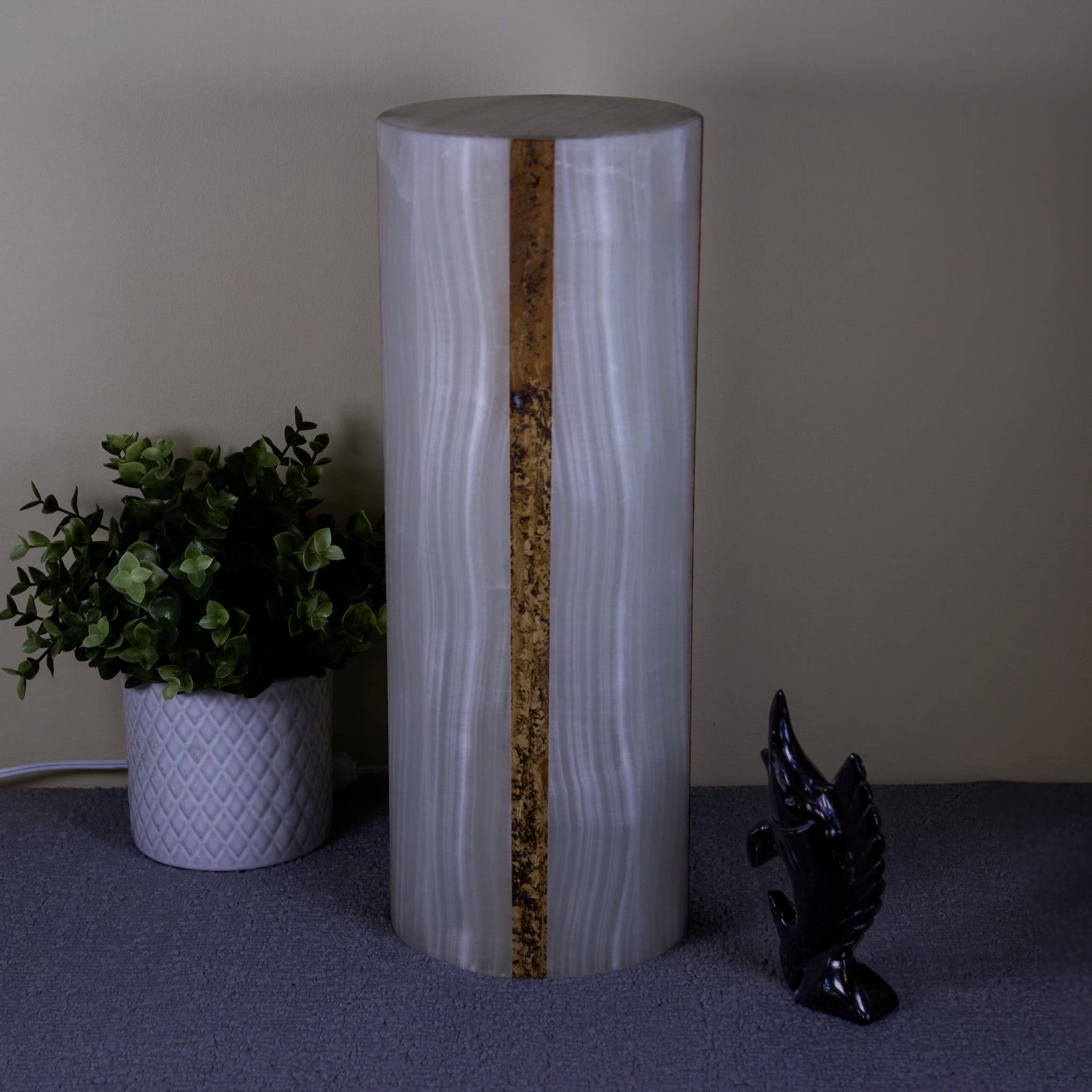 Glacier & Travertine Onyx Cylindrical Pedestal Table Lamp