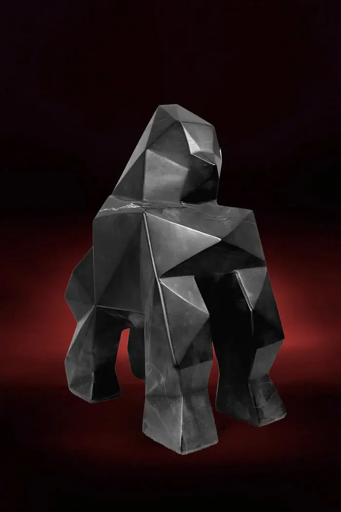 Chic Black Marble Geometric Gorilla Statue Perspective View