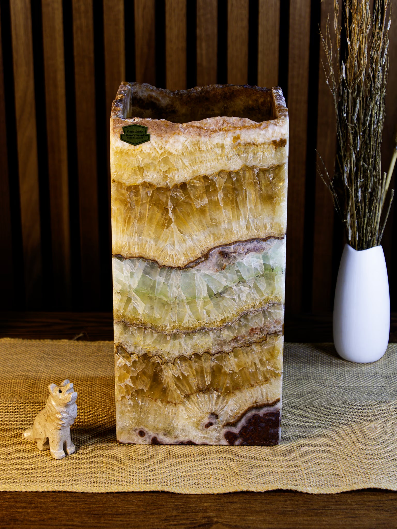 Oasis Square Lamp with live edge when not lit. Lamp 30cm x 15cm x 15cm lamp #3. Front view.