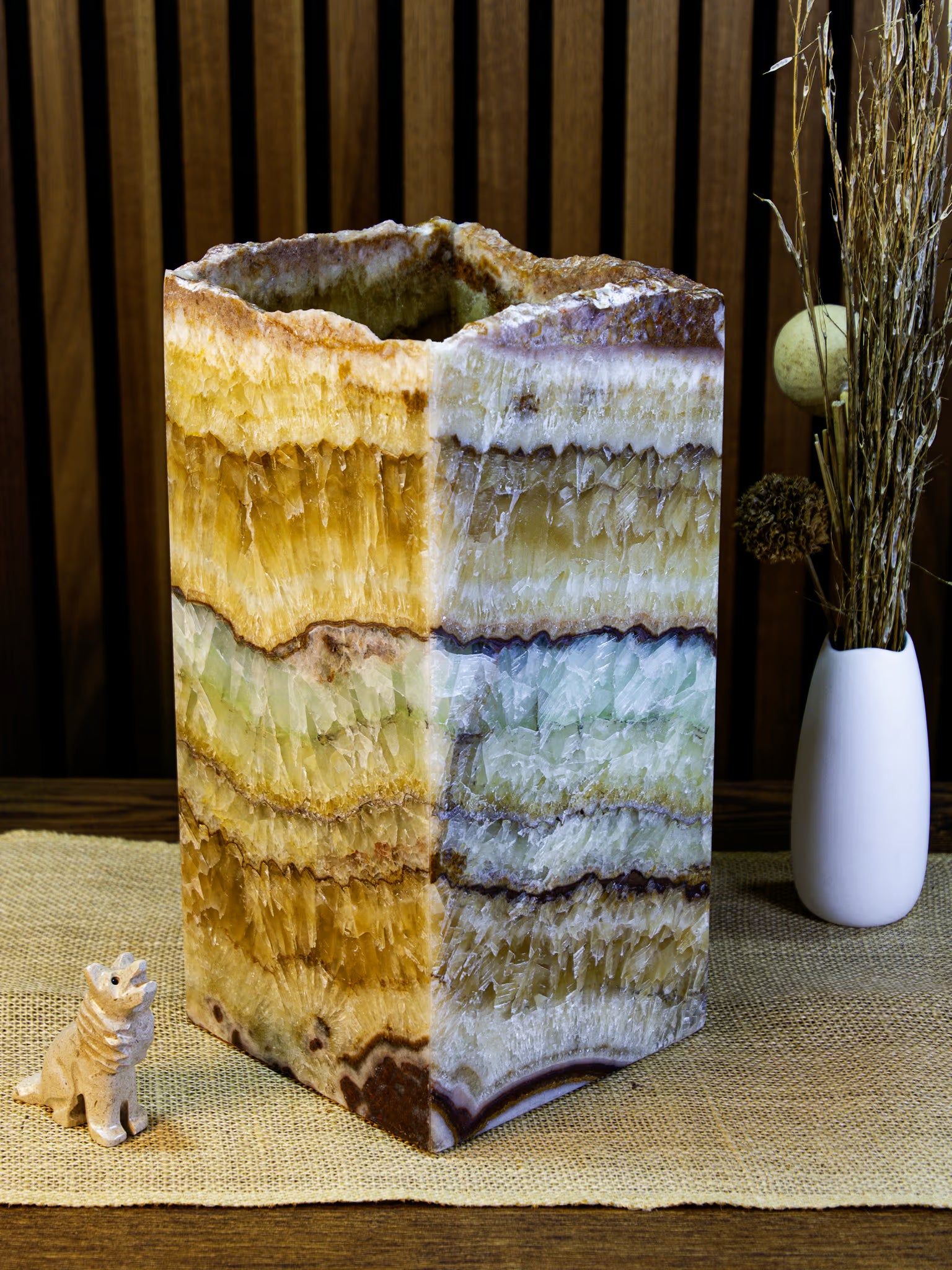 Oasis Square Lamp with live edge when not lit. Lamp 30cm x 15cm x 15cm lamp #3. Three-quarters profile view.