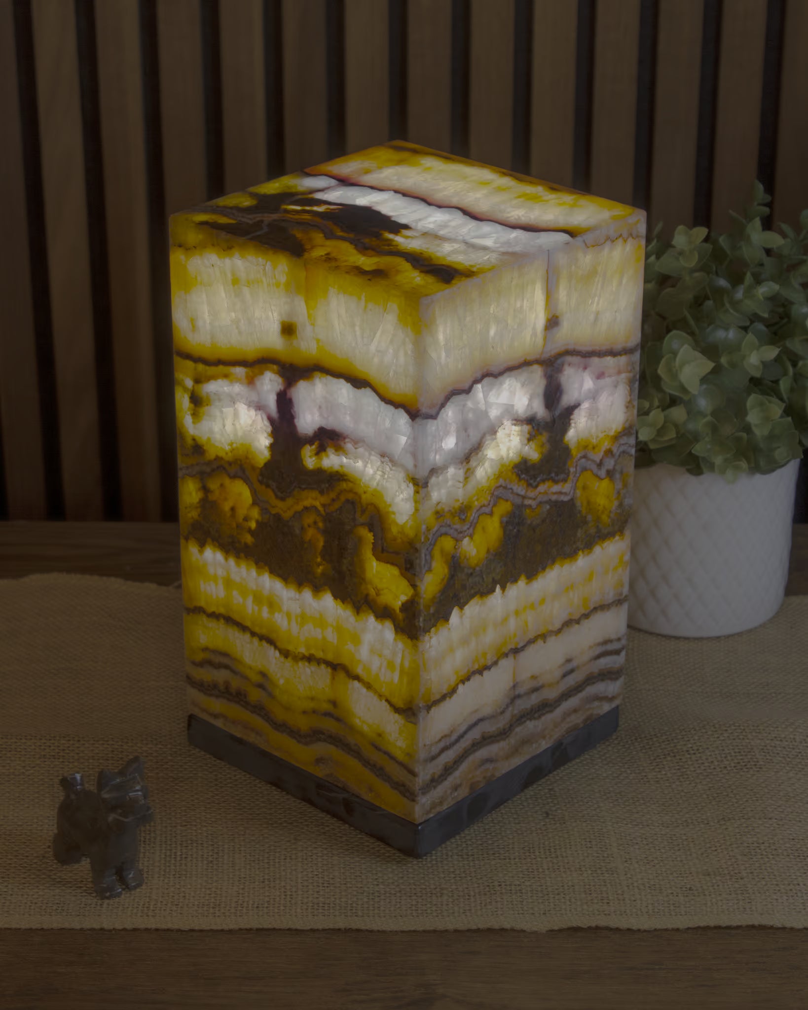 Oasis Square Pedestal Lamp when lit in a dark environment. Lamp 25cm x 15cm x 15cm lamp #2