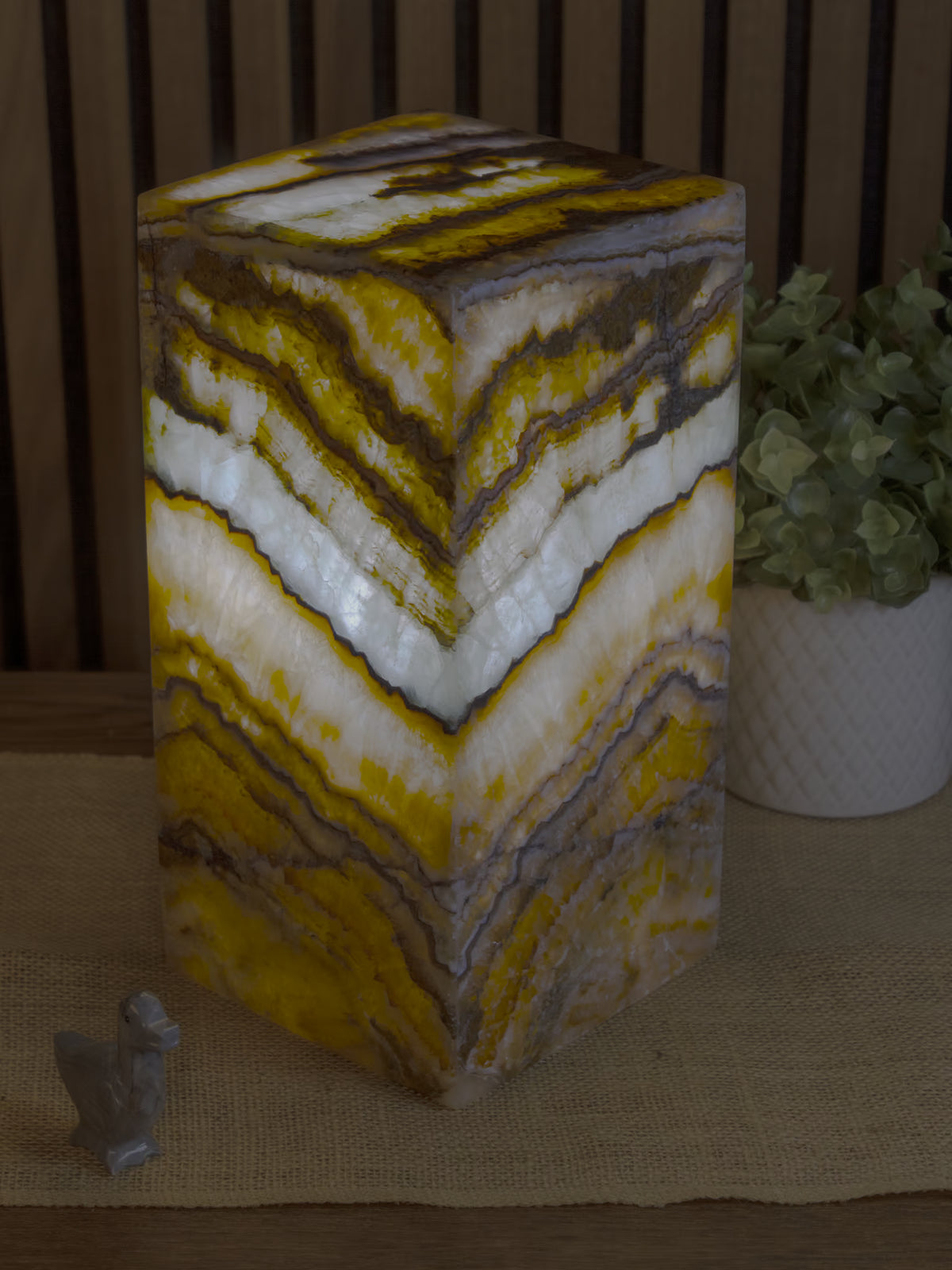 Oasis Square Pedestal Lamp when lit in a dark environment. Lamp 30cm x 15cm x 15cm lamp #1