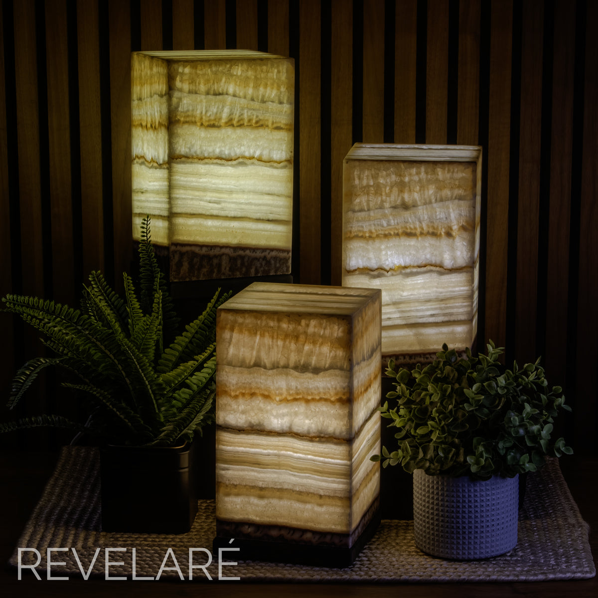 Desert pattern live edge calcite lamps as seen when lit. Single size available