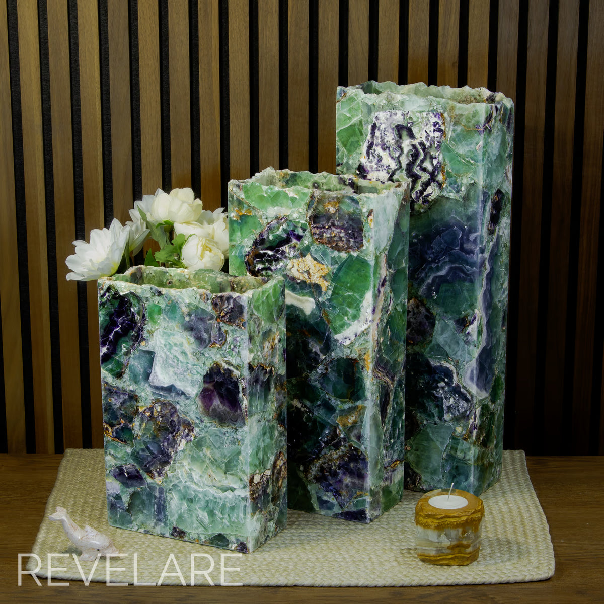 Fluorite rectangular live edge lamps as seen when not lit. Comparison of available sizes.