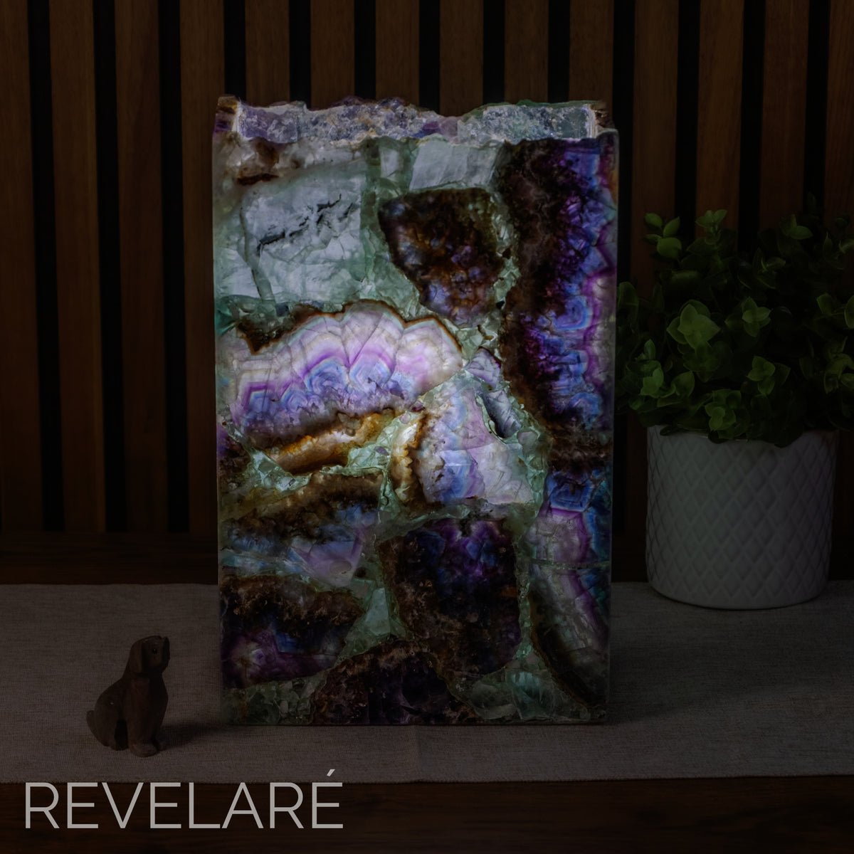 Fluorite rectangular lamp when lit. Front view. 30cm x 20cm x 10cm lamp #1