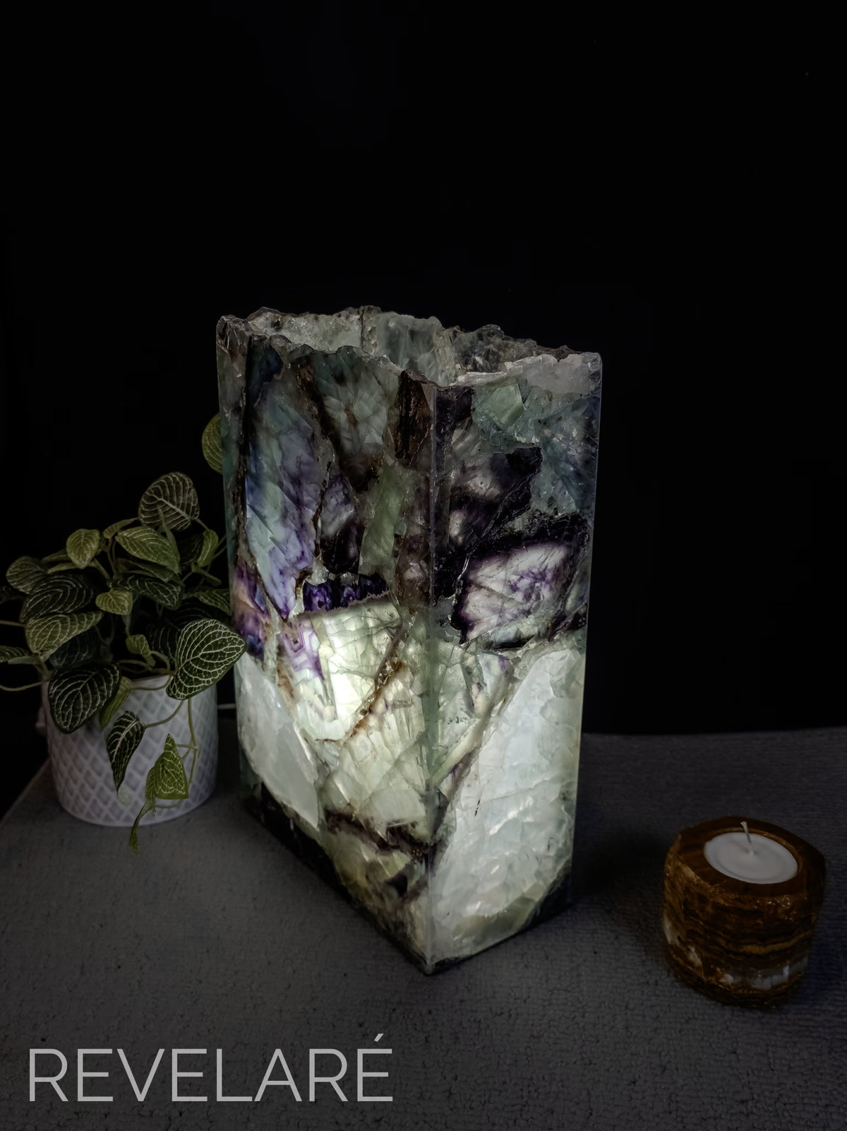 Fluorite rectangular lamp when not lit. Side view. 30cm x 20cm x 10cm lamp #1