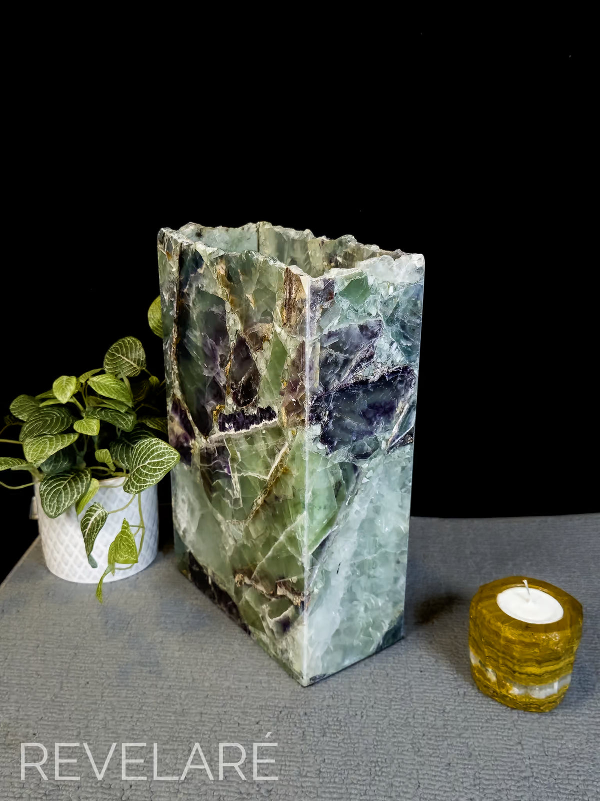 Fluorite rectangular lamp when lit. Side view. 30cm x 20cm x 10cm lamp #1