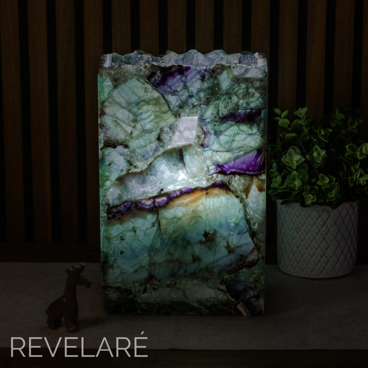 Fluorite rectangular lamp when lit. Front view. 30cm x 20cm x 10cm lamp #3