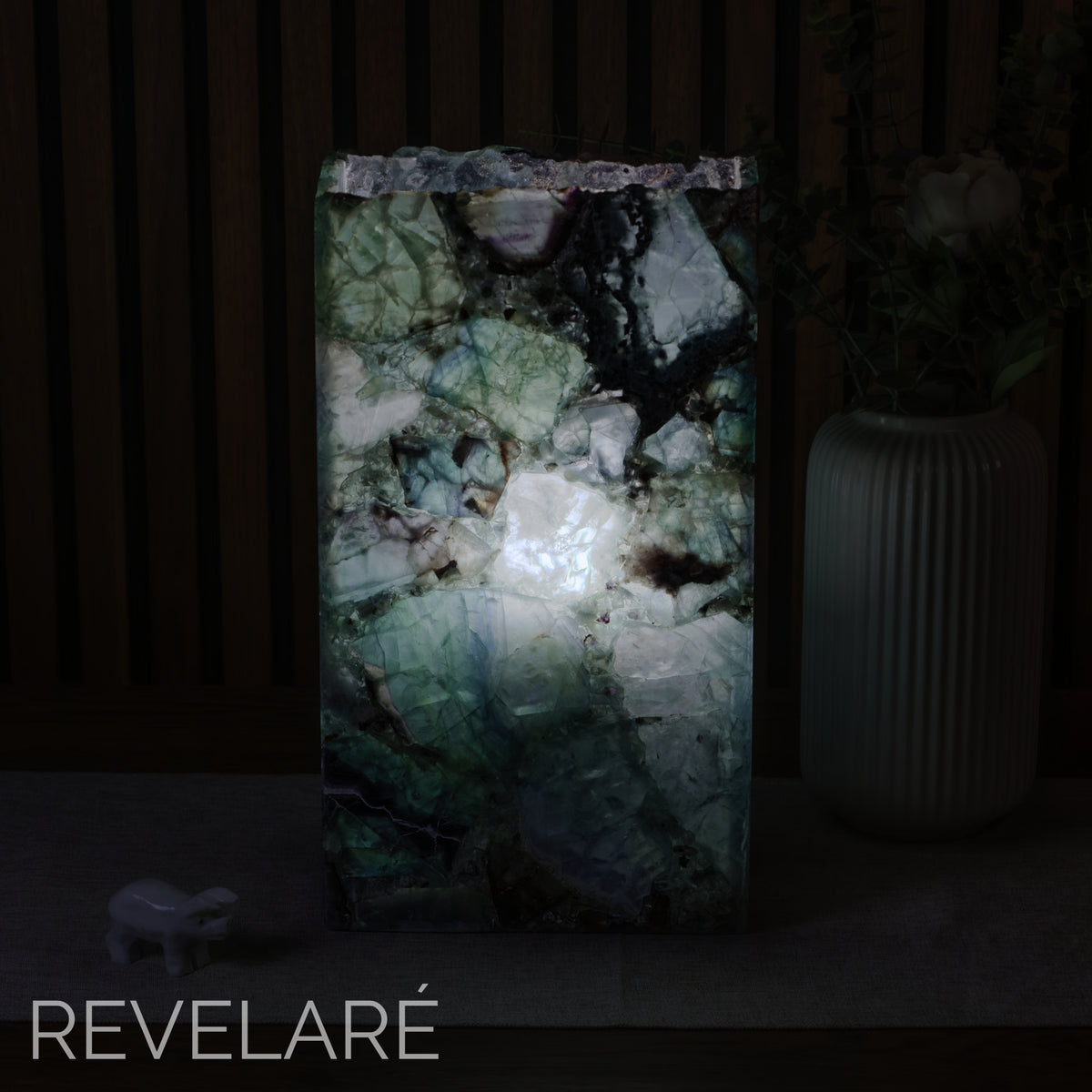 Fluorite rectangular lamp when lit. Front view. 35cm x 20cm x 10cm lamp #4