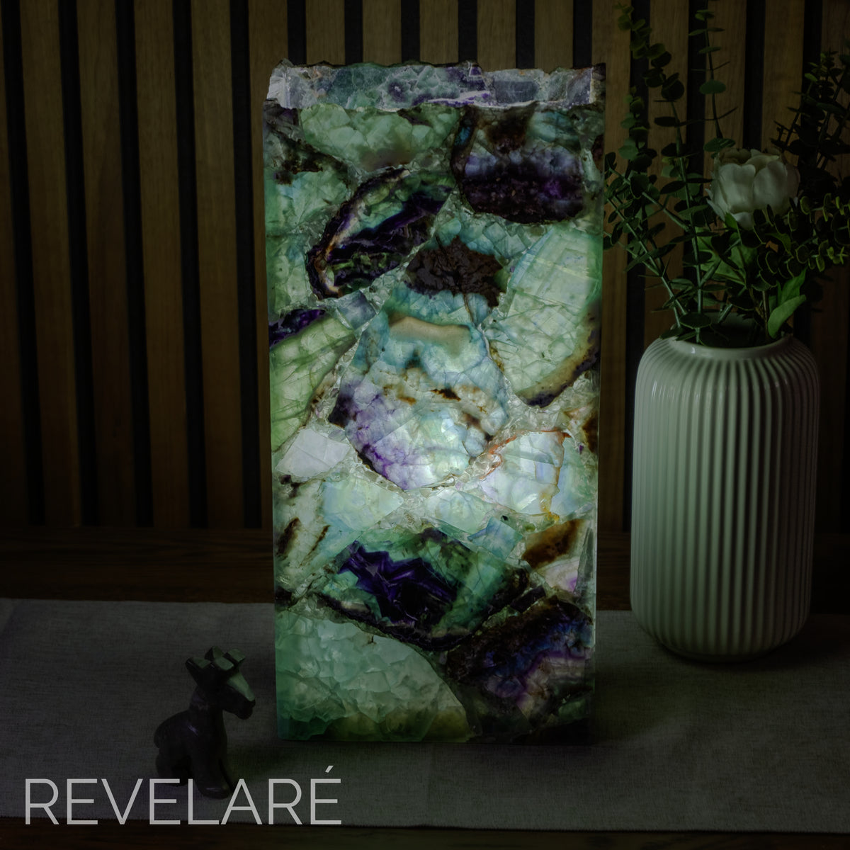 Fluorite rectangular lamp when lit. Front view. 40cm x 20cm x 10cm lamp #2