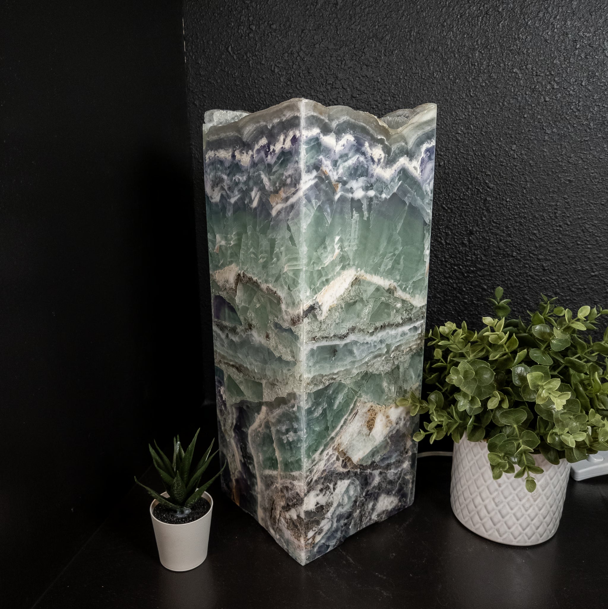 Rainbow Fluorite Live Edge Square Table Lamp