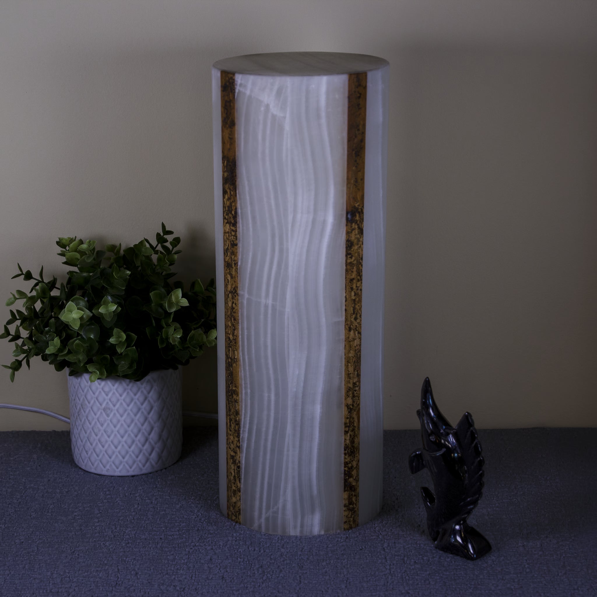 Glacier & Travertine Onyx Cylindrical Pedestal Table Lamp
