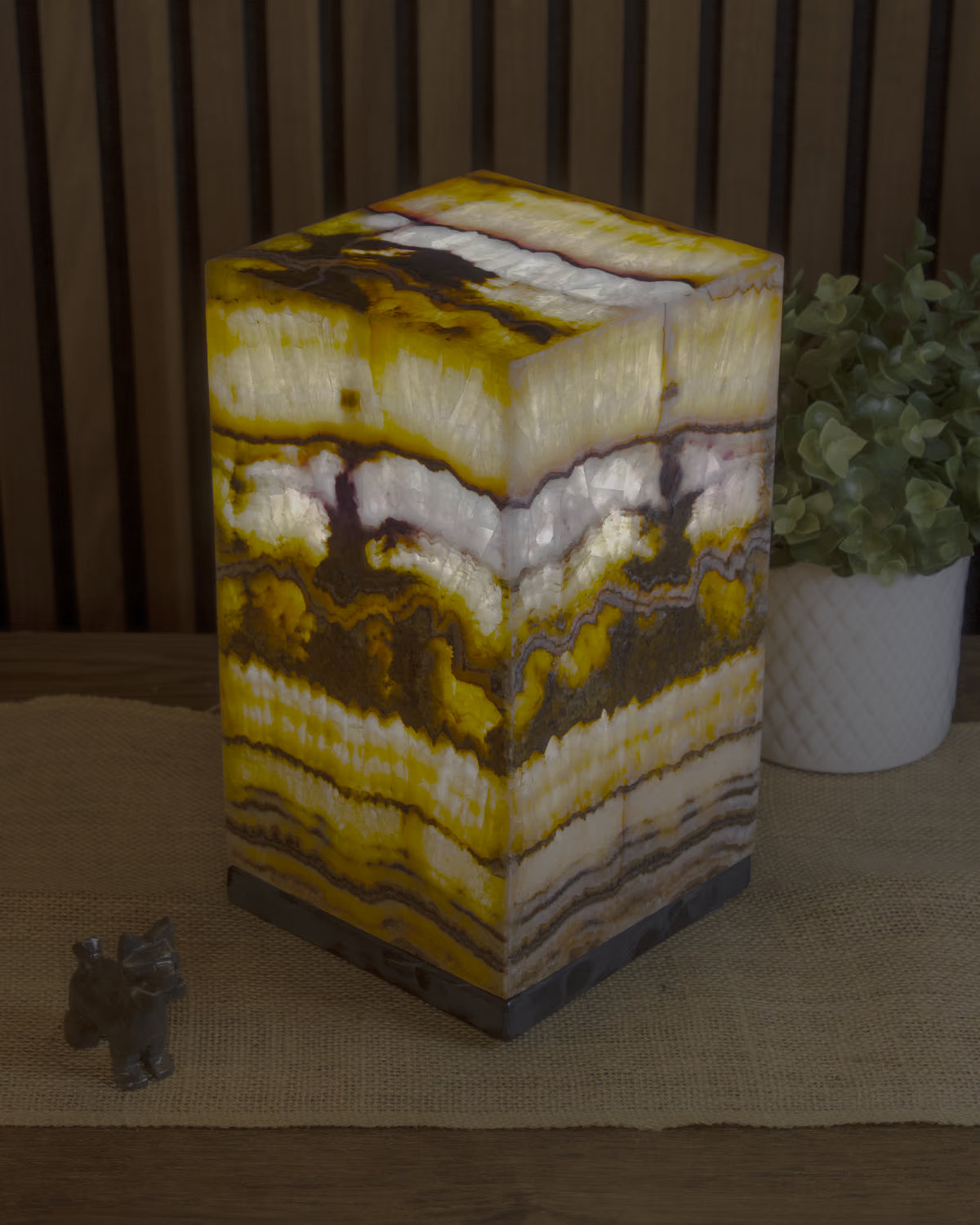 Oasis Square Pedestal Lamp when lit in a dark environment. Lamp 25cm x 15cm x 15cm lamp #2