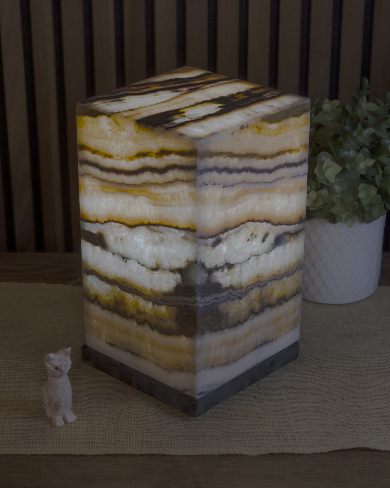 Oasis Square Pedestal Lamp when lit in a dark environment. Lamp 25cm x 15cm x 15cm lamp #3