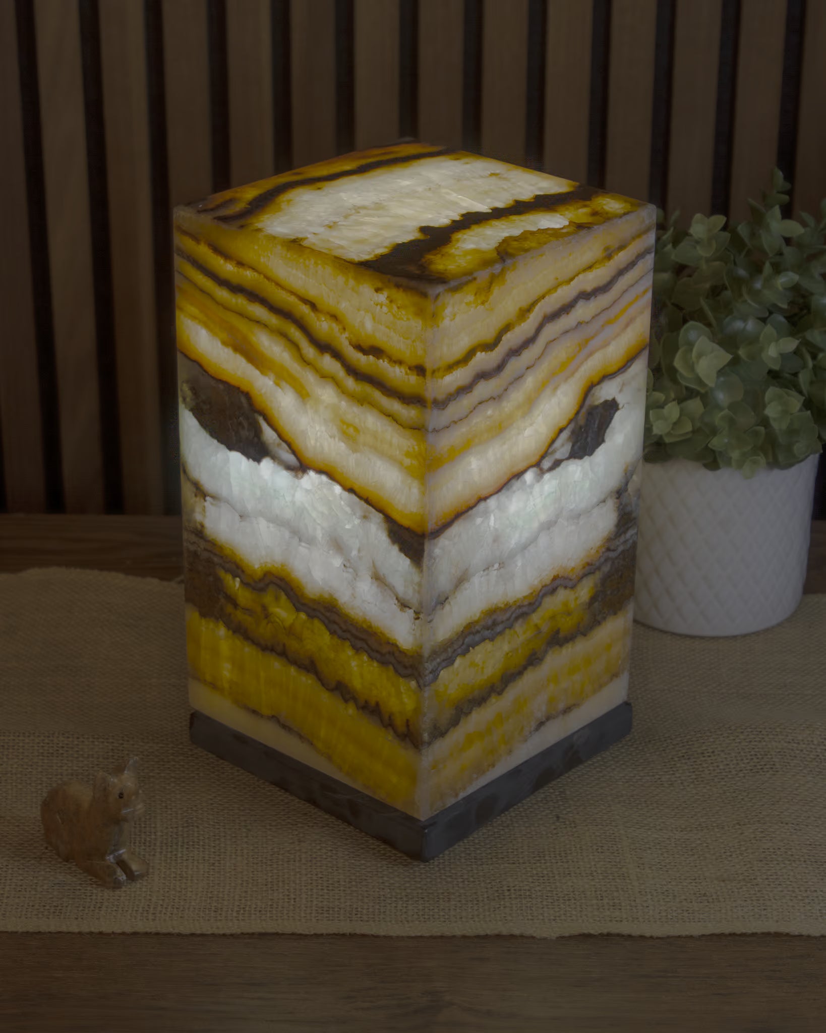 Oasis Square Pedestal Lamp when lit in a dark environment. Lamp 25cm x 15cm x 15cm lamp #4