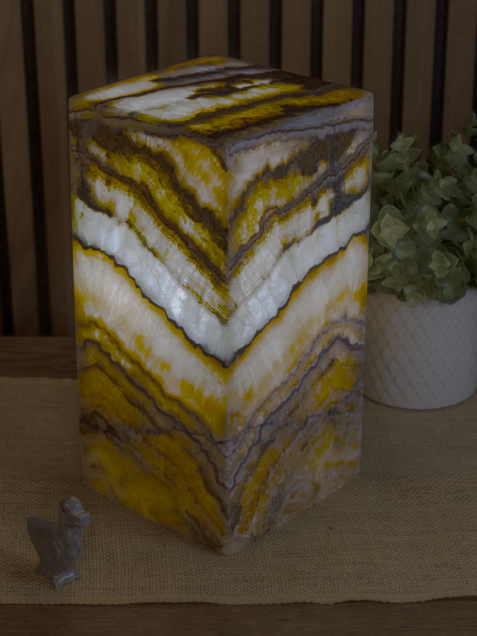 Oasis Square Pedestal Lamp when lit in a dark environment. Lamp 30cm x 15cm x 15cm lamp #1