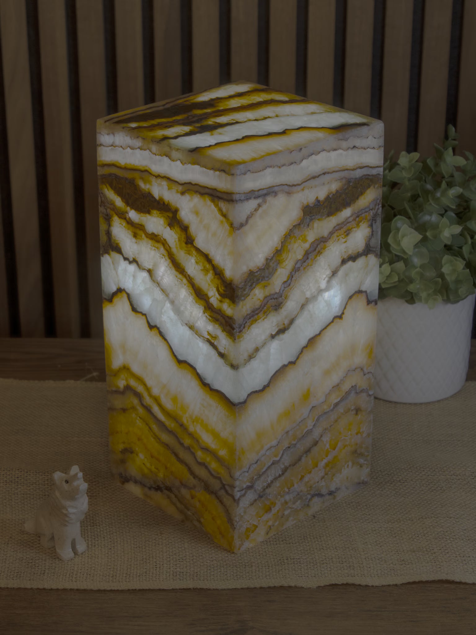 Oasis Square Pedestal Lamp when lit in a dark environment. Lamp 30cm x 15cm x 15cm lamp #2