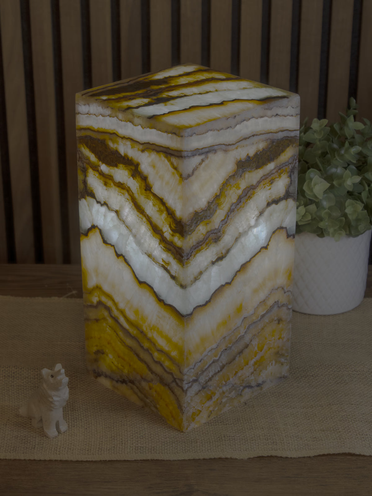 Oasis Square Pedestal Lamp when lit in a dark environment. Lamp 30cm x 15cm x 15cm lamp #2